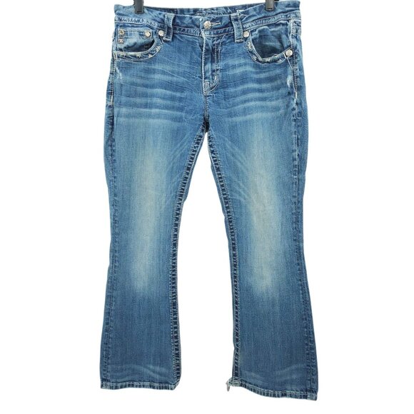 Miss Me Jeans Mid Rise Easy Boot Cut Faux Flap Size 30x29 READ Stretch Med Wash - Picture 3 of 16